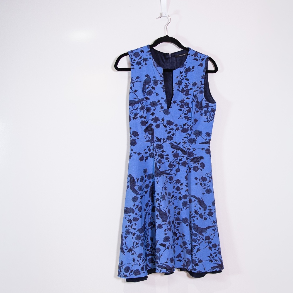 Wes Gordon Ponte Stretch V Neck Notch Sleeveless Fit Flare Dress Blue Floral 6